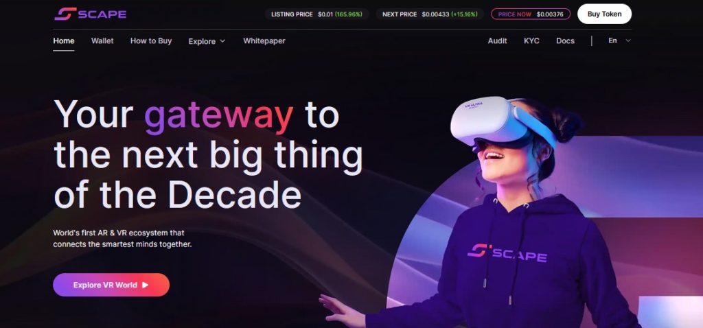 Image of 5Scape crypto token homepage, containing a girl wearing VR headset