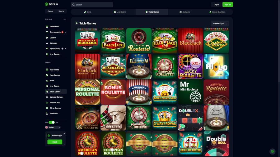 Bets.io table games page, containing wide range of games such as personal roulette, blackjack, etc.