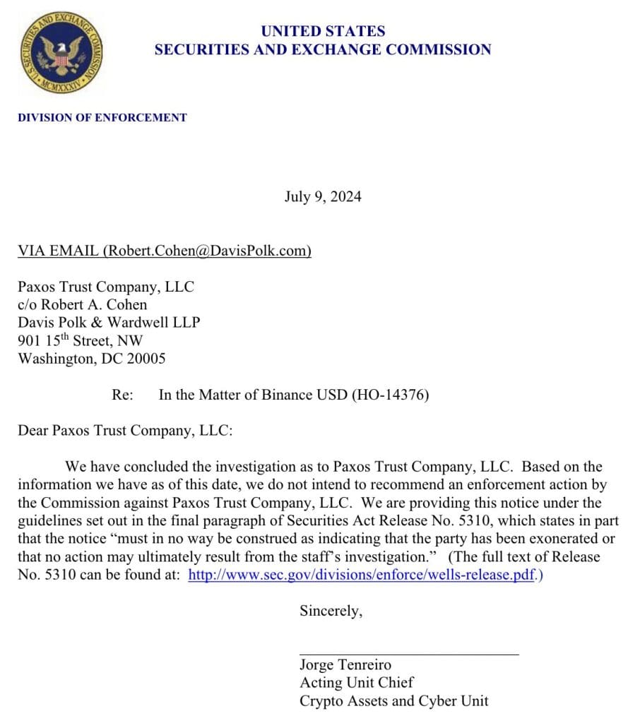 letter from SEC to Paxos