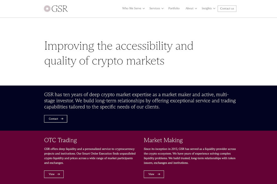 The homepage of GSR Market maker