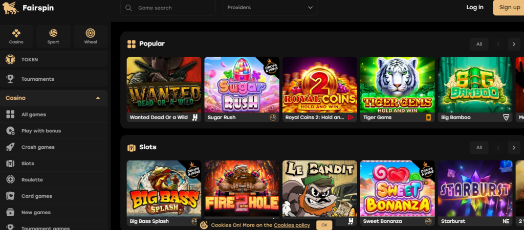 Homepage of Fairspin, showing their  wide range of games, tournaments, and more