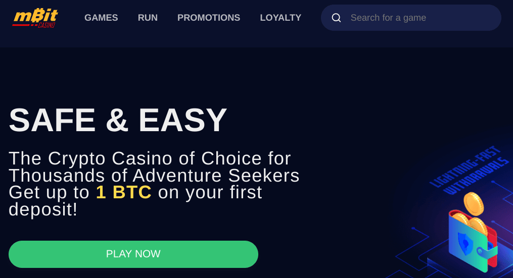 Homepage of mBit casino, showing their welcome deposit bonus for crypto casino