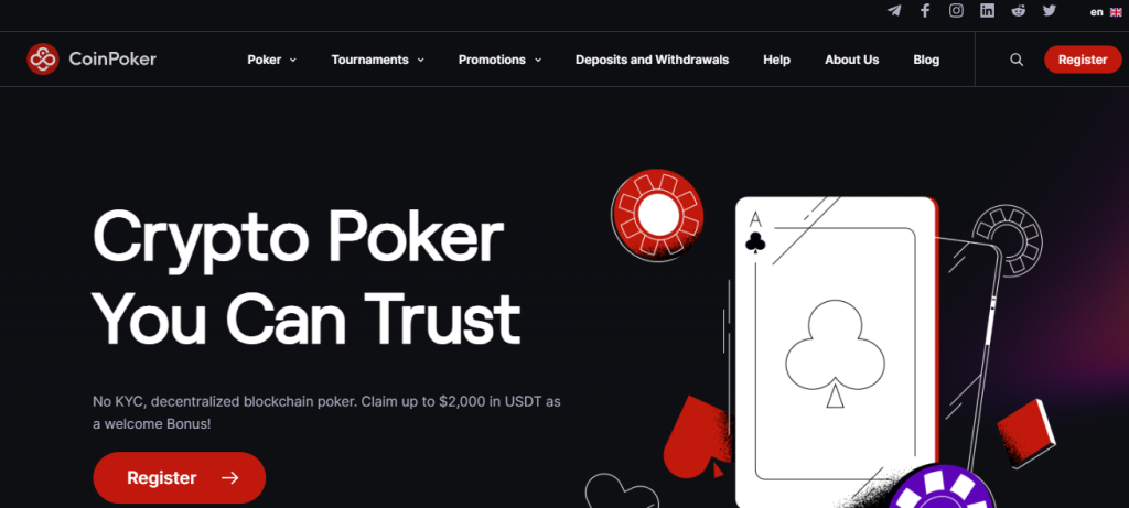 Homepage of Crypto Poker, showing their $2000 USDT welcome deposit bonus for crypto gambling