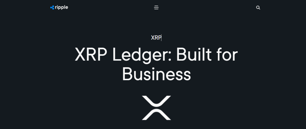 Homepage of Ripple crypto coin, containing a statement saying XRP Ledger: Built for Business