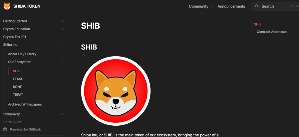 Documentation page of Shiba token