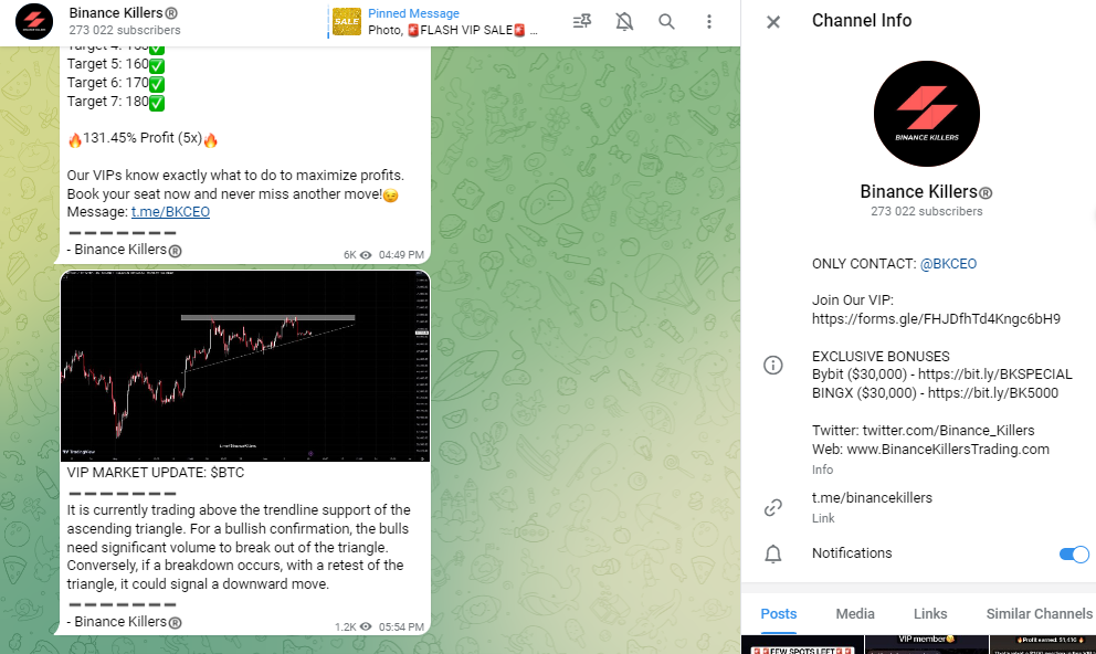 Telegram channel of Binance Killers, free crypto signals provider