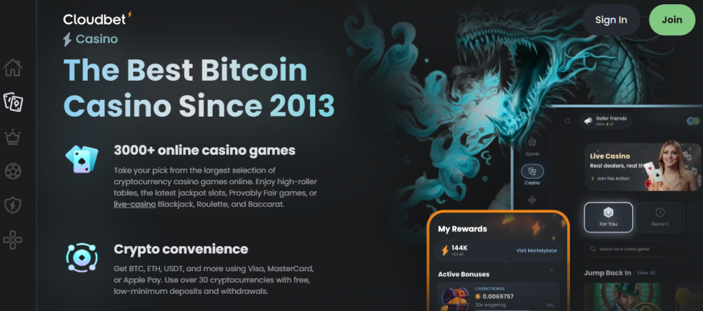 Homepage of Cloudbet, showing their casino game collection and crypto convenience