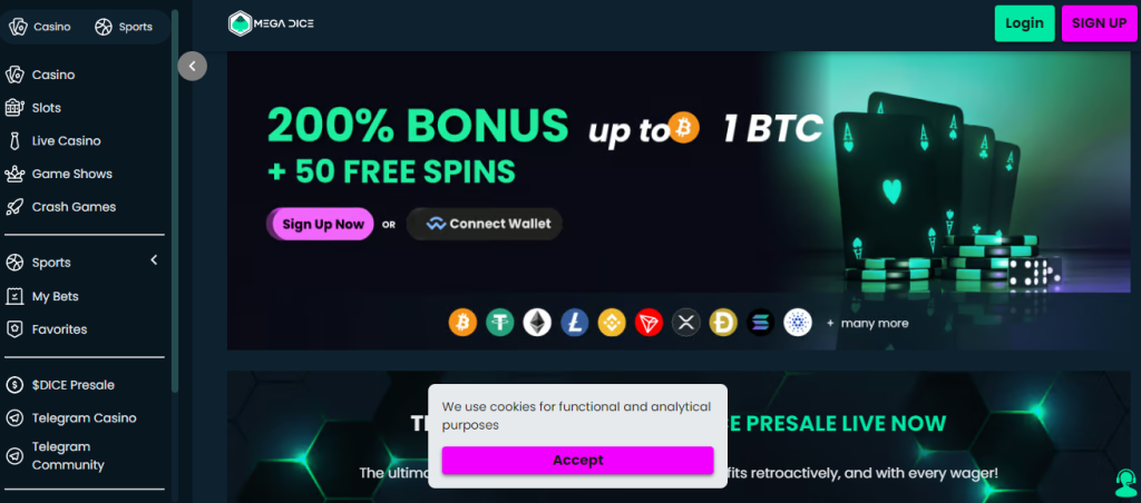 Homepage of Mega Dice, showing their welcome bonus and supported crypto coins along with their game and sportsbook offerings