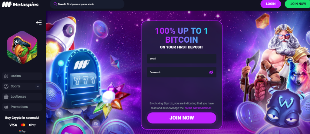 Homepage of Mega Dice, showing their 100% deposit bonus and game and sportsbook offerings