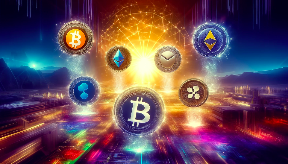 Digital illustration of various cryptocurrency coins including Bitcoin, Ethereum, Ripple, Litecoin, and others, soaring above a futuristic cityscape with digital rain, bright sunburst, and a glowing network grid in the background.