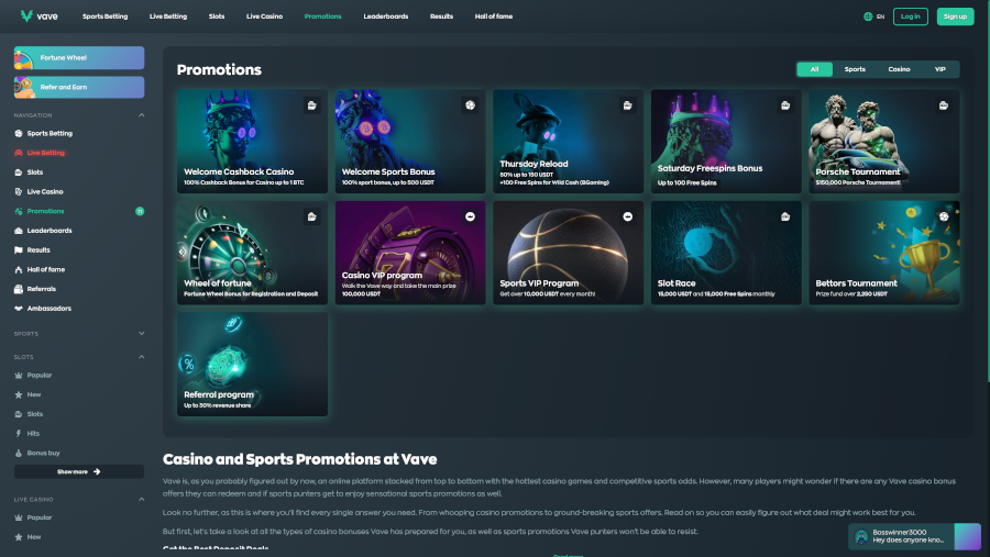 Vave landing page screenshot - best Tron casino sites.